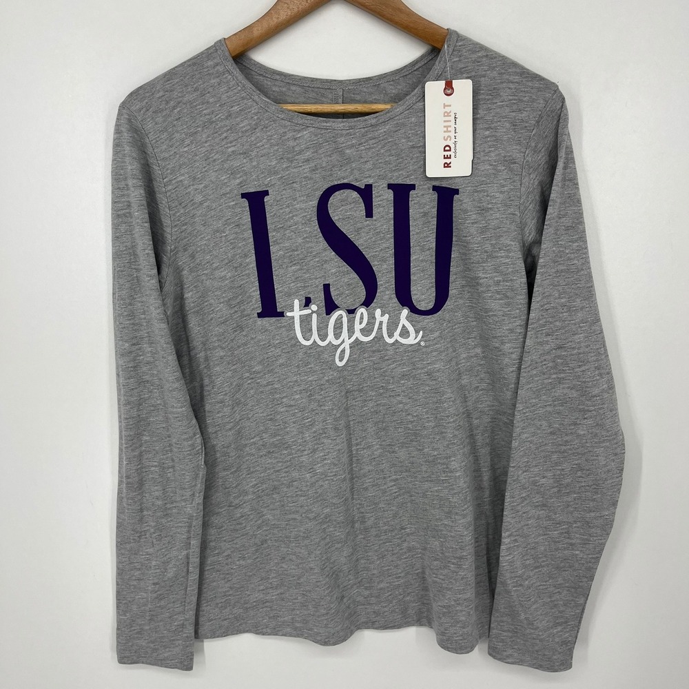 Red Shirt LSU Tigers Women M Steel Grey Vented Long Sleeve Crewneck T-Shirt NWT